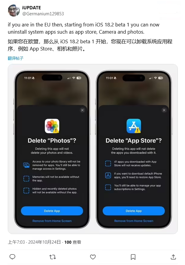 遂溪苹果手机维修分享iOS 18.2 支持删除 App Store 应用商店 